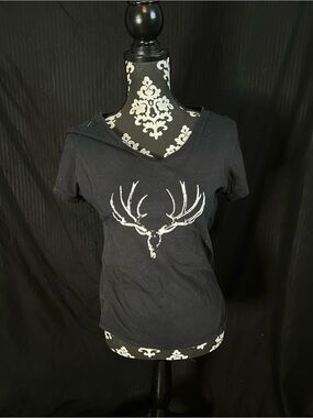 Women’s Black V-Neck Tee with White Antler Graphic
